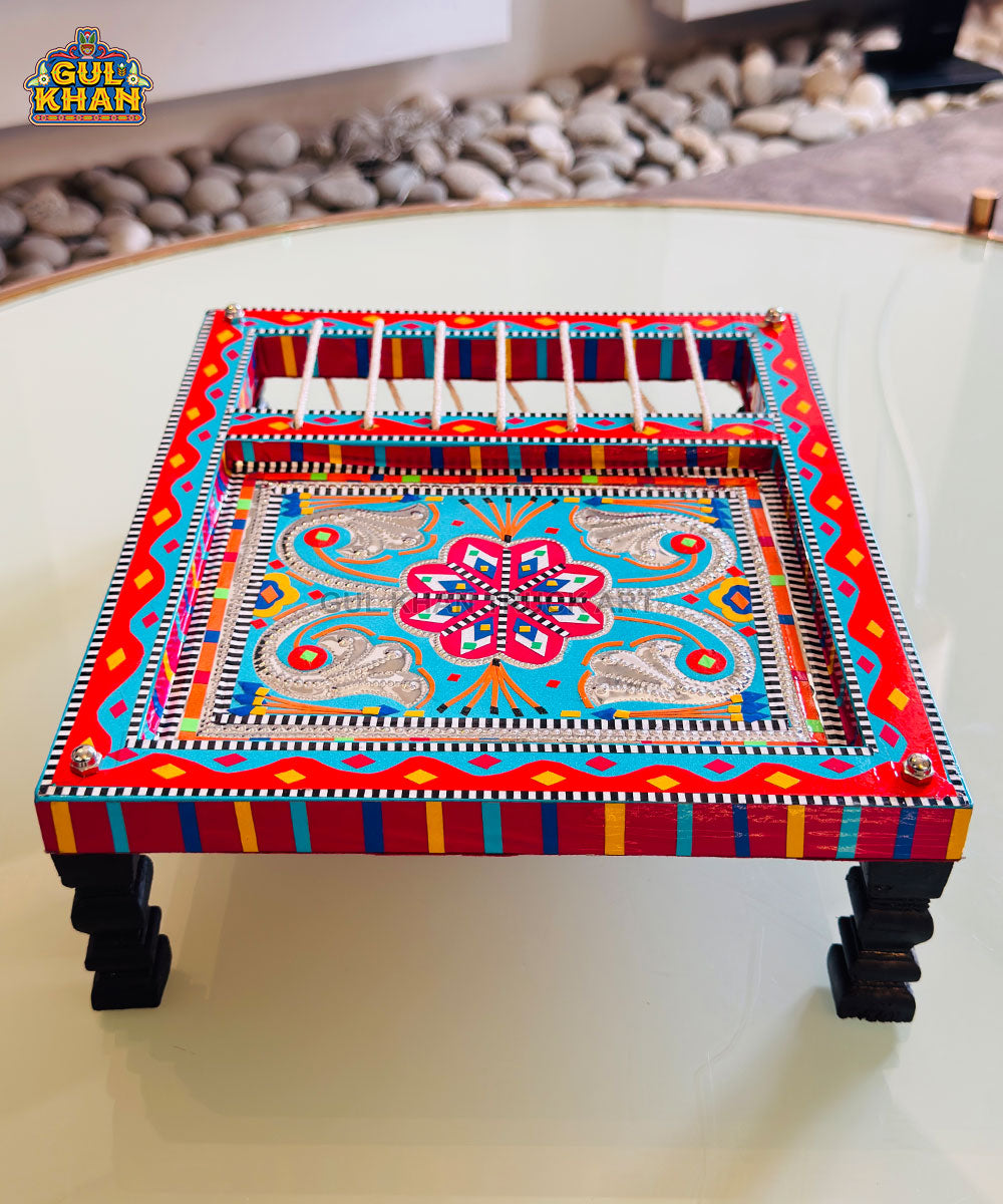Turquoise Red Truck Art Charpai Tray