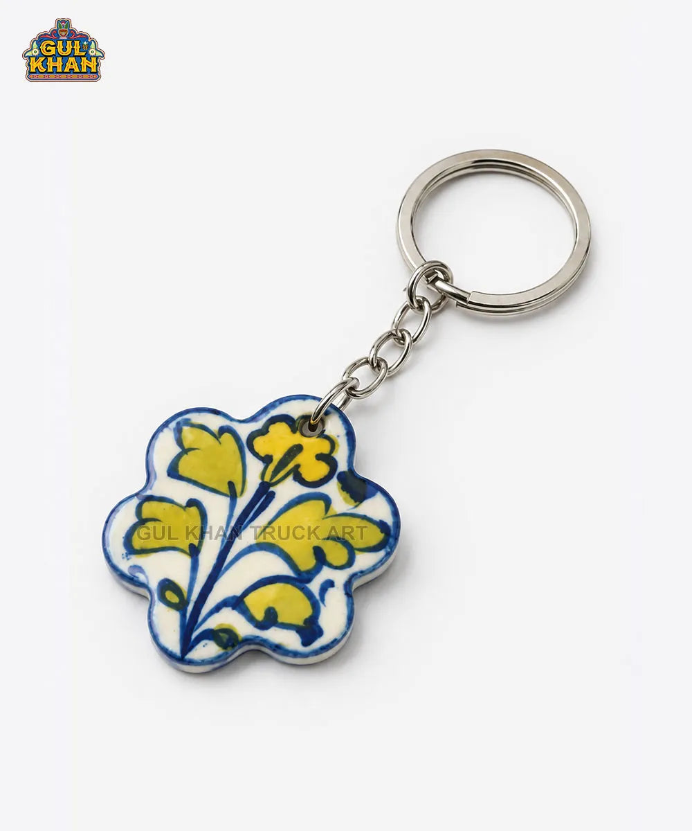 Multani Blue Pottery Yellow Floral Ceramic Keychain