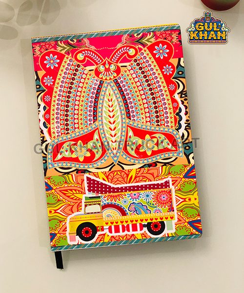 Colorful notebook cover with intricate traditional truck art design featuring bold patterns and floral motifs