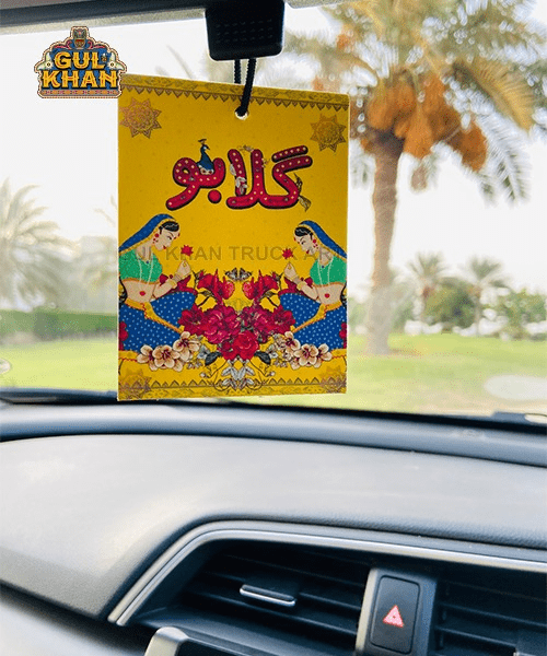 Colorful Gul Khan Chamakpatti car hanging air freshener with traditional art, hanging inside car windshield