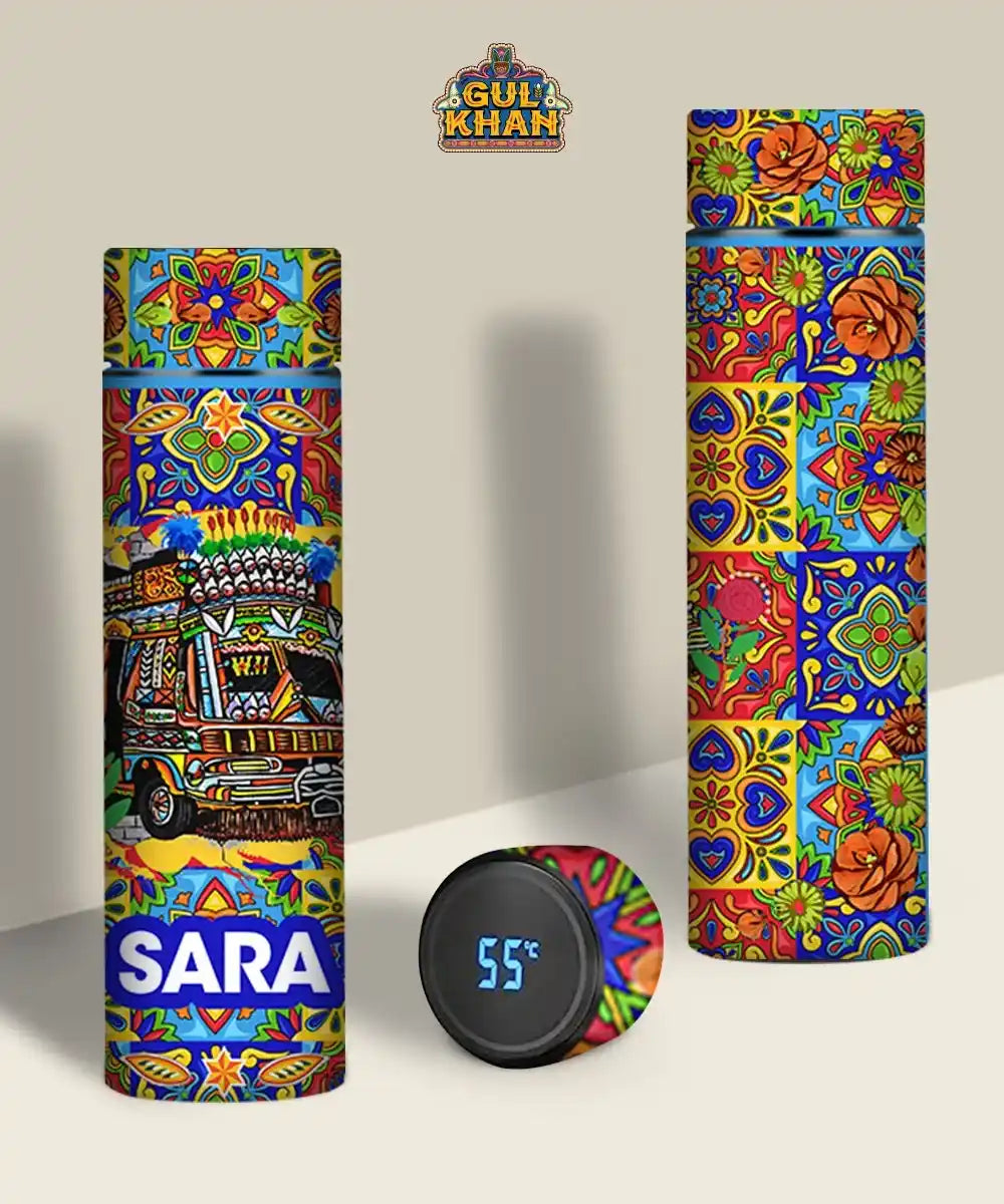 Colorful insulated bottle with vibrant truck art design and digital temperature display showing 55°C