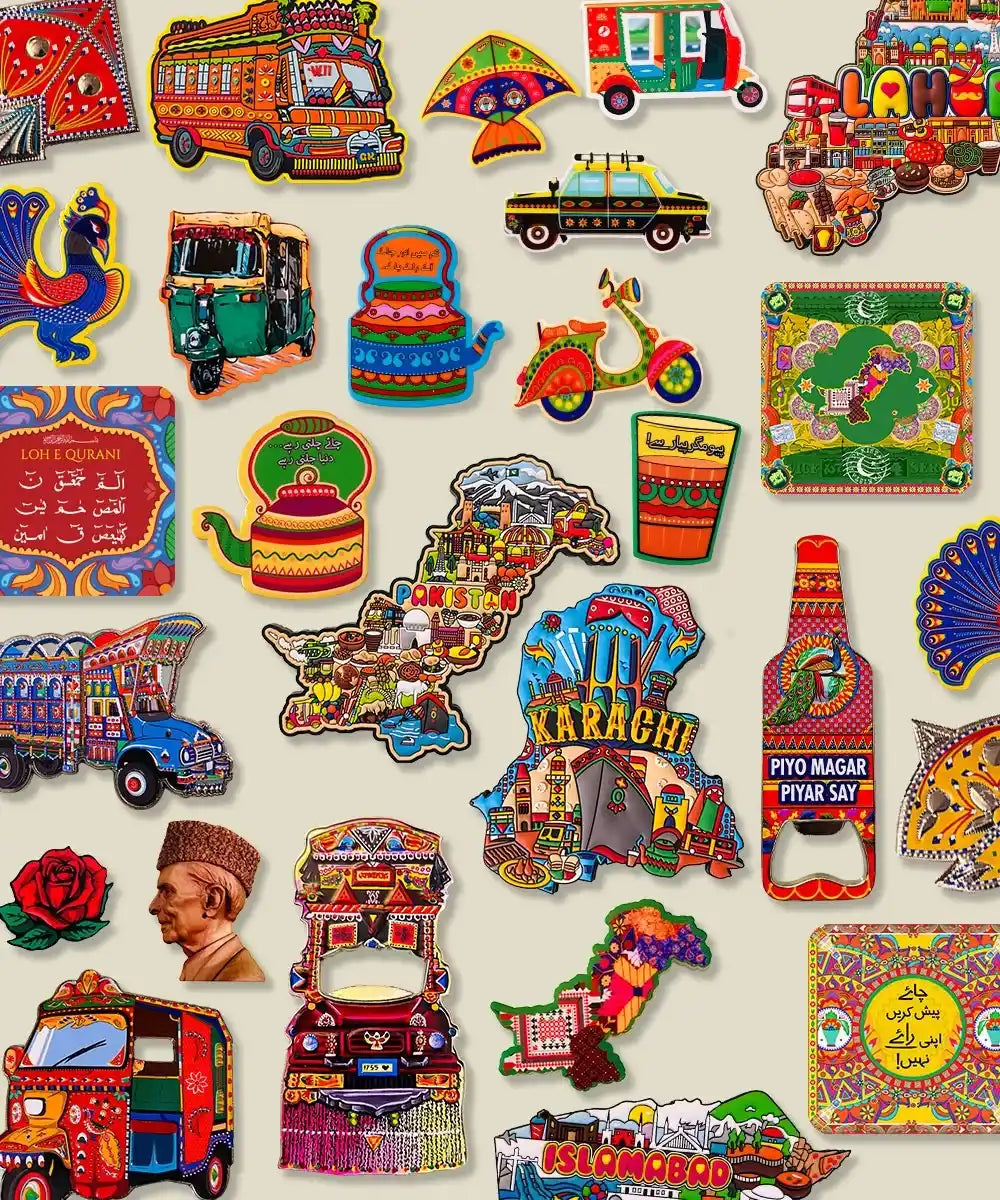 Colorful Pakistani-themed fridge magnets featuring rickshaws, Karachi and Islamabad maps, tea kettles, and truck art