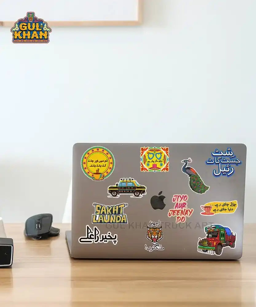 Laptop with colorful Pakistani truck art stickers including peacock, tiger, taxi, and Urdu text on wooden desk with mouse and speaker