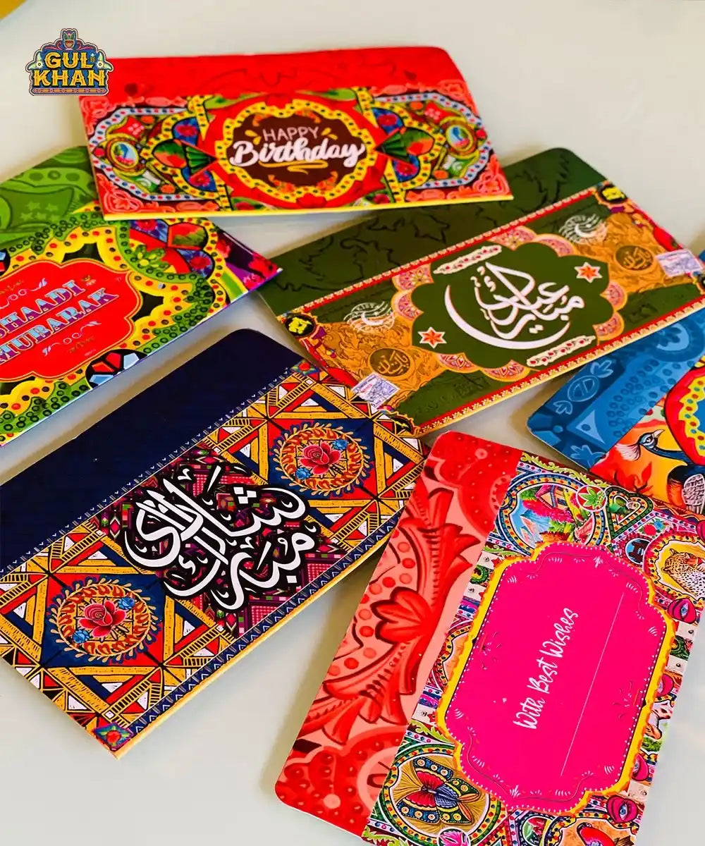 Colorful Gul Khan festive envelopes with vibrant patterns and greetings for birthdays and Eid Mubarak