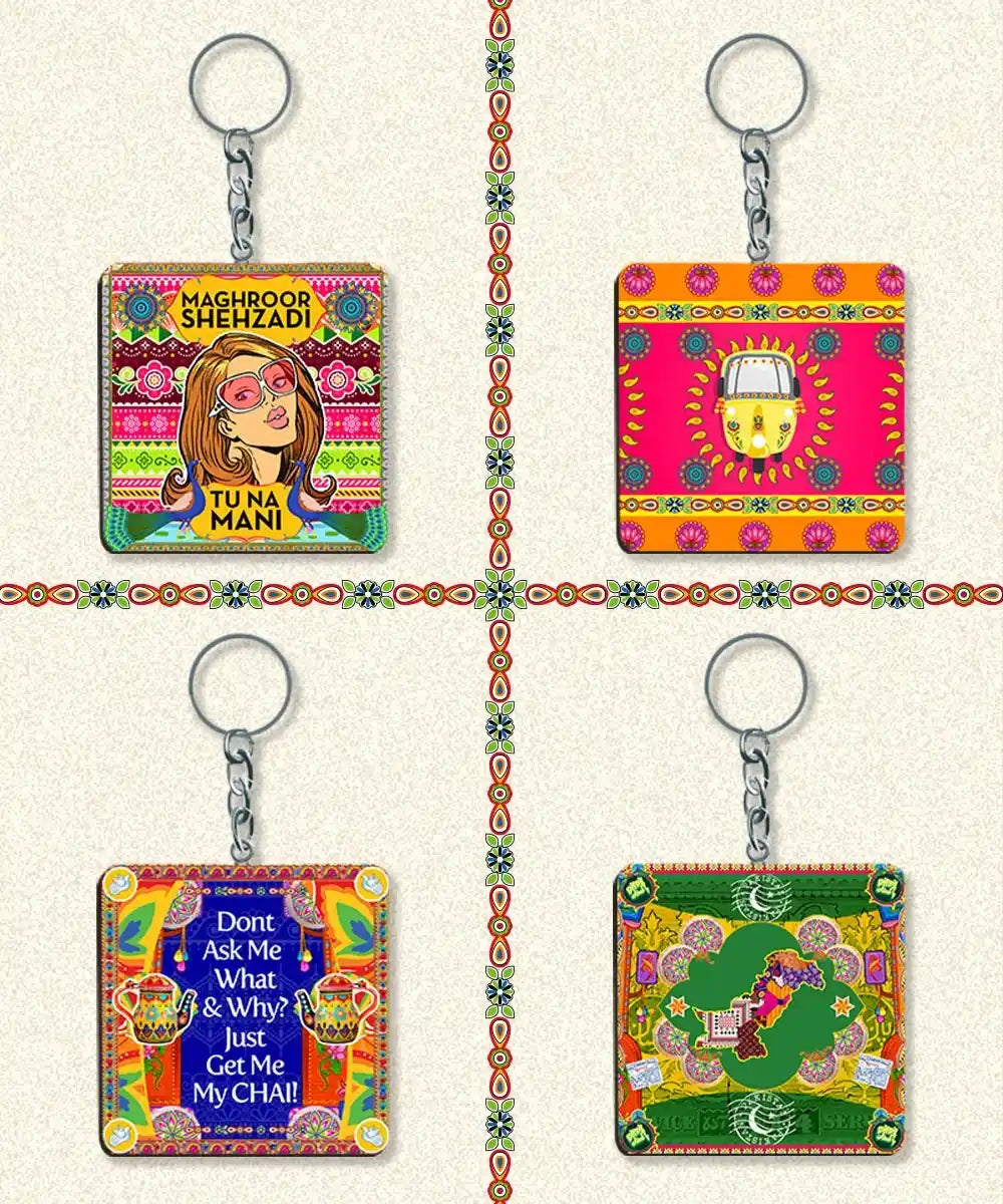 Colorful square keychains with vibrant Pakistani truck art designs and quirky quotes, featuring a stylish woman and chai teapots