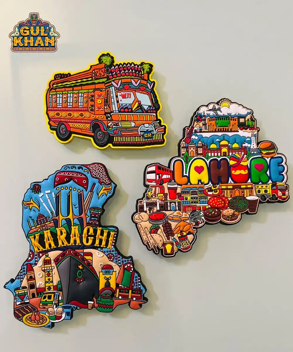 Colorful fridge magnets depicting Pakistani cities Karachi and Lahore with landmarks and a traditional decorated bus