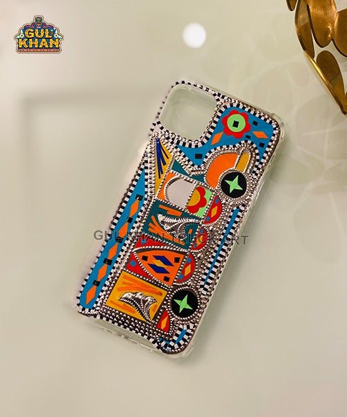 Colorful abstract geometric phone case with orange, blue, yellow, and black patterns on white surface