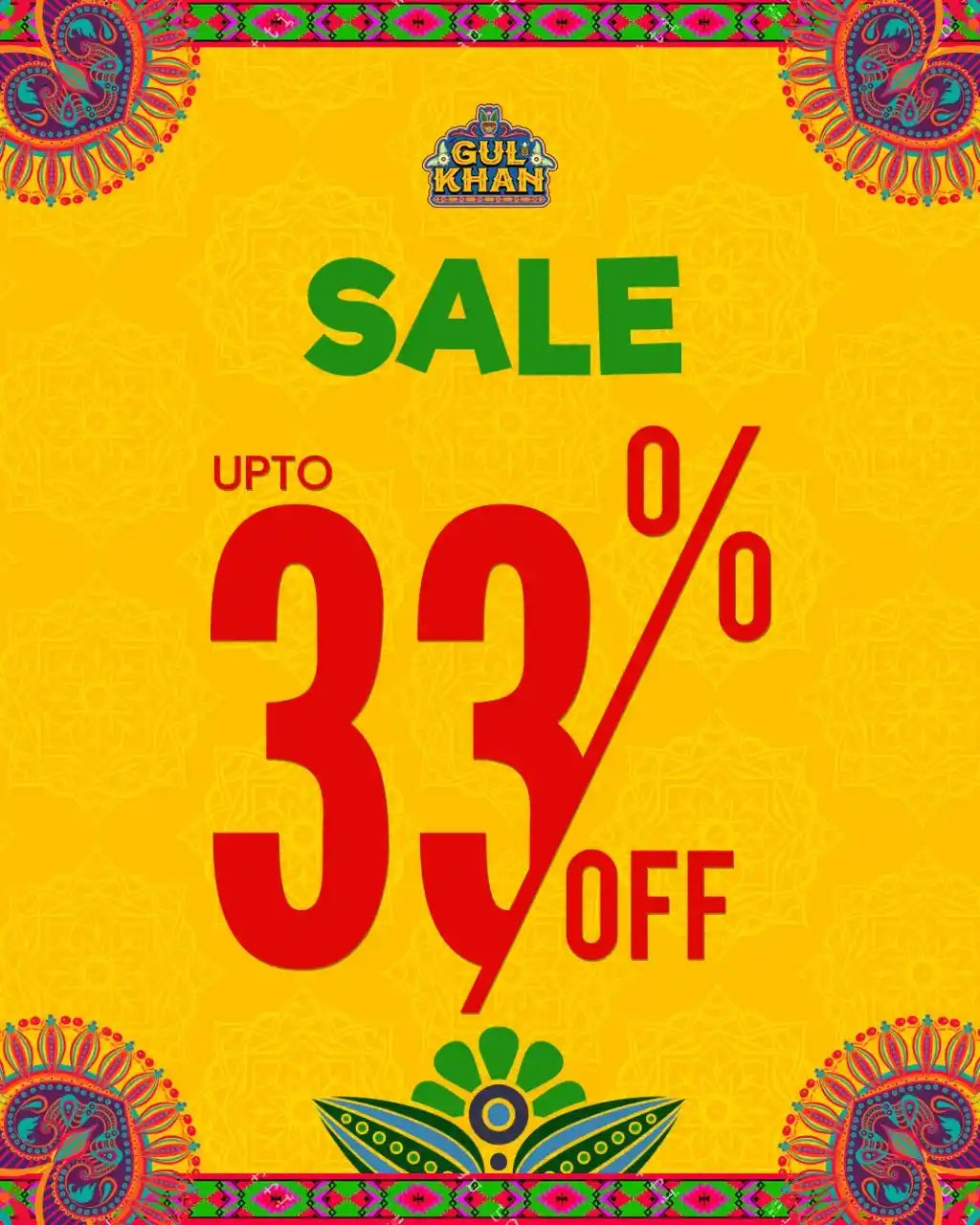 Gul Khan sale banner with up to 33% off, vibrant yellow background and colorful traditional patterns
