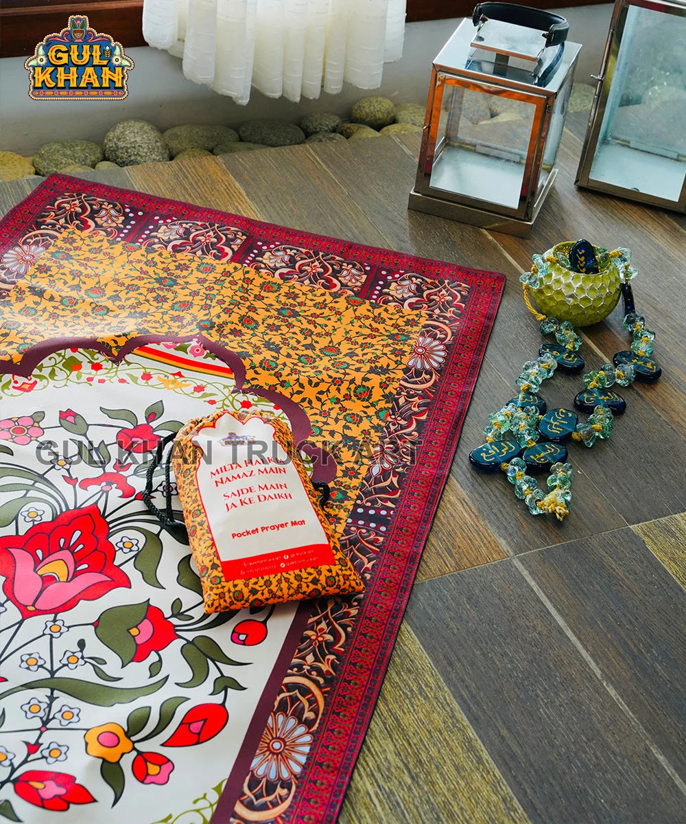 Pink & Yellow Floral Pocket Janamaz/Prayer Rug