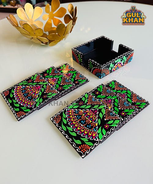 Black & Green Cone Art Coaster Set Of Six (Handpainted)