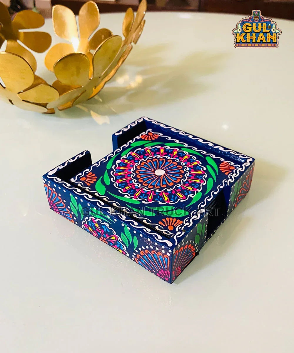 Navy Blue Cone Art Coaster Set Of Six (Handpainted) - Gul Khan Truck Art
