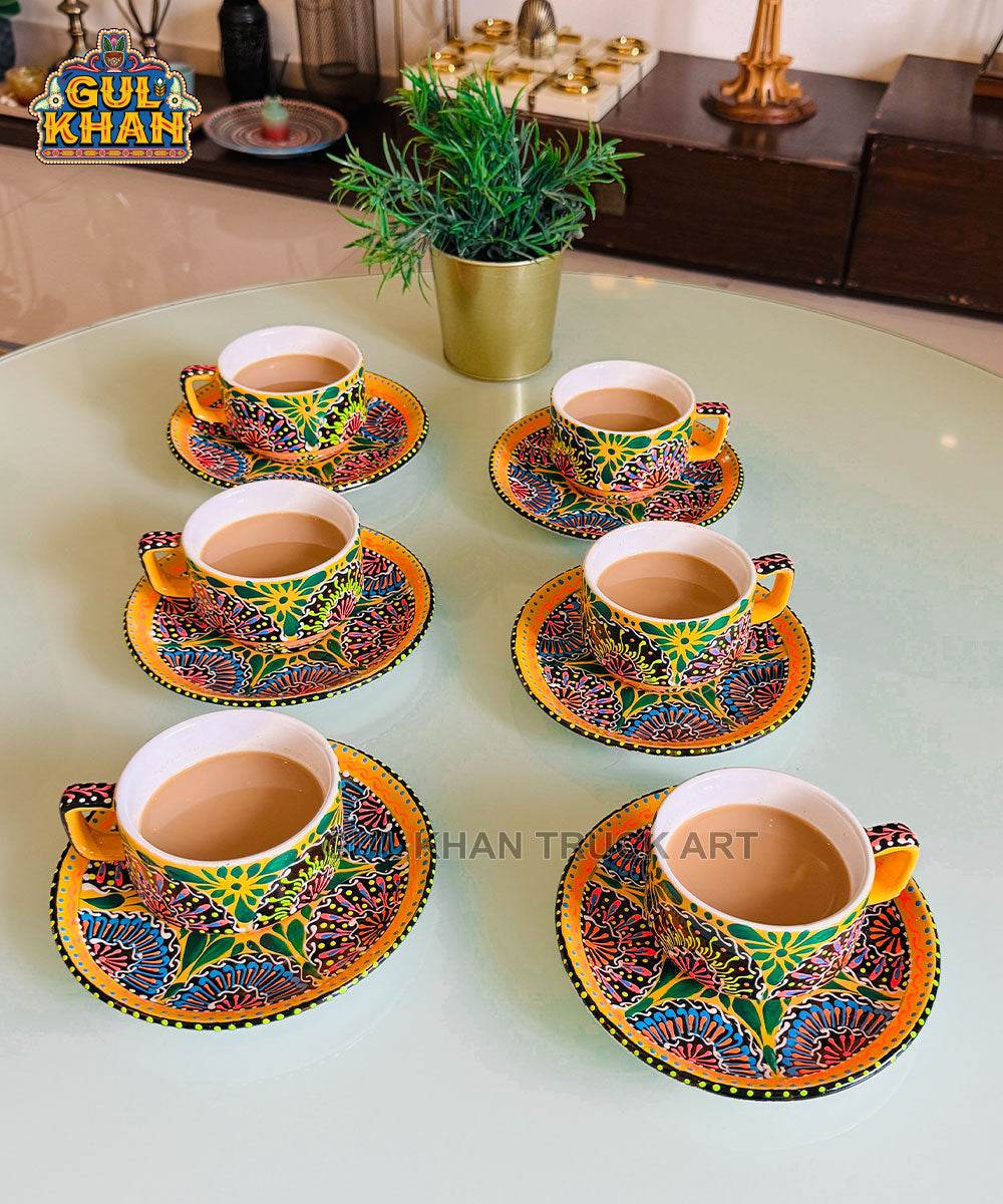 Yellow & Blue Truck Art Handpainted Tea Set