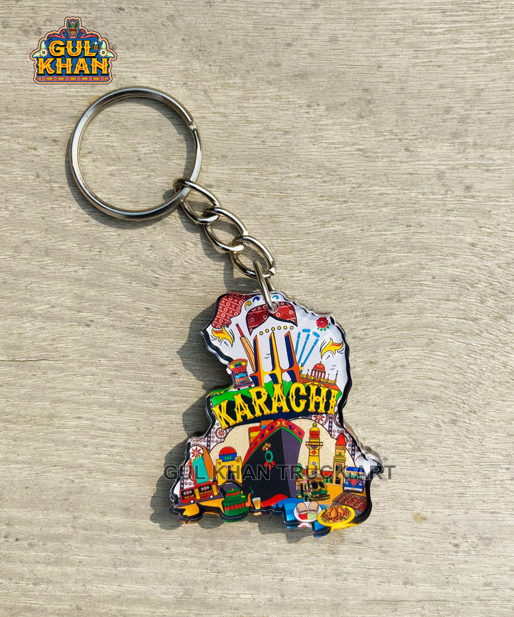 Karachi White Ajrak Key Chain (Dual side print) 128 - Gul Khan Truck Art