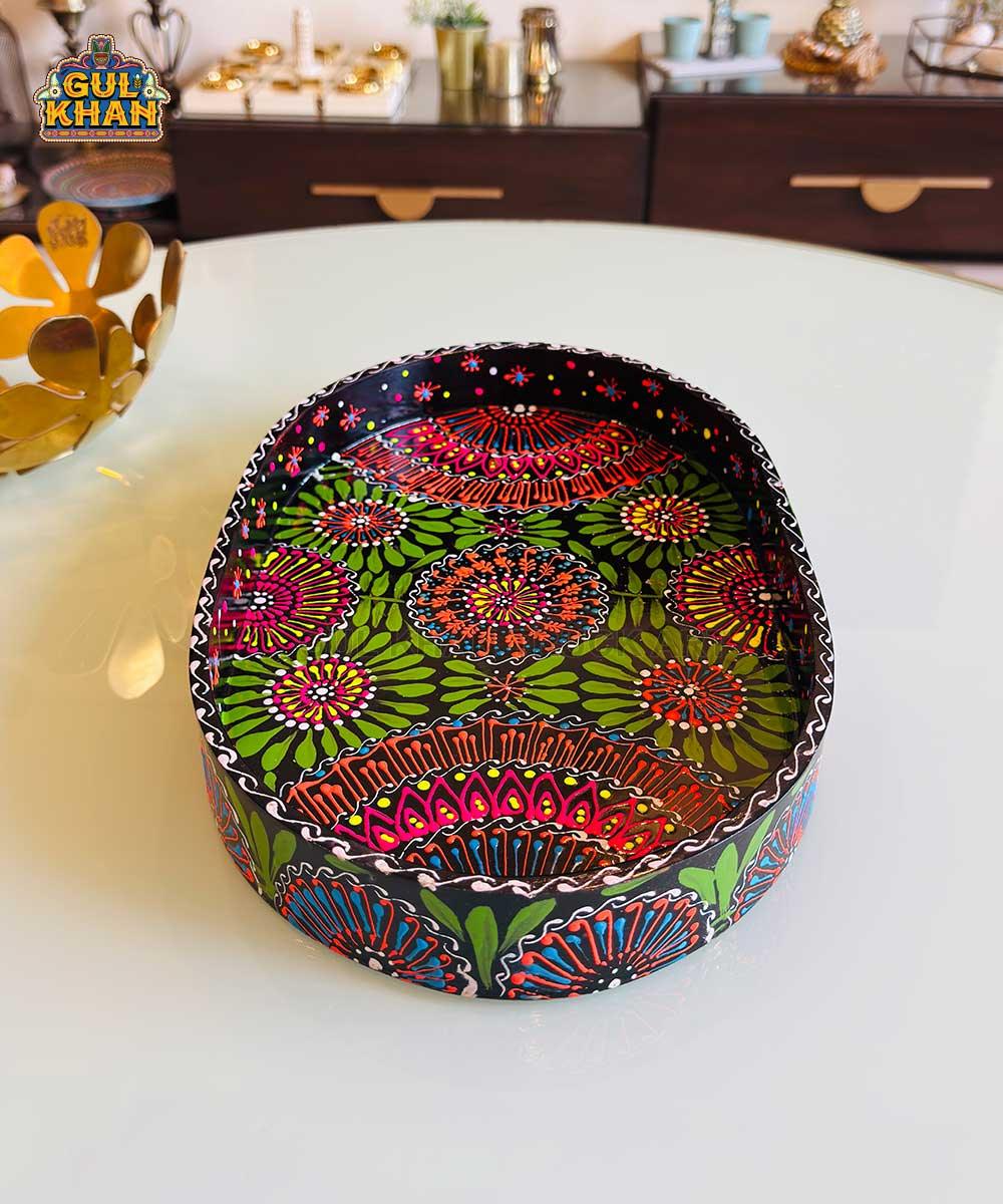 Black & Red Floral Motif Oval Cone Truck Art Tray (Handpainted)
