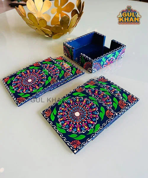 Navy Blue Cone Art Coaster Set Of Six (Handpainted) - Gul Khan Truck Art