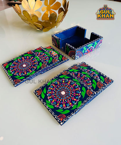 Navy Blue Cone Art Coaster Set Of Six (Handpainted) - Gul Khan Truck Art