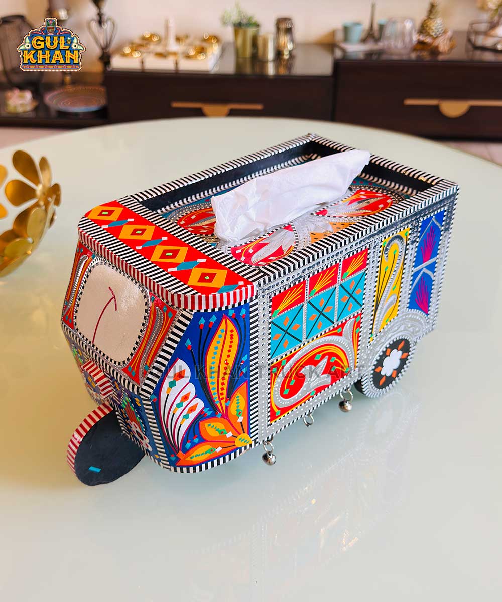 Yellow & Blue Motif Rickshaw Tissue Box Truck Art - Gul Khan Truck Art