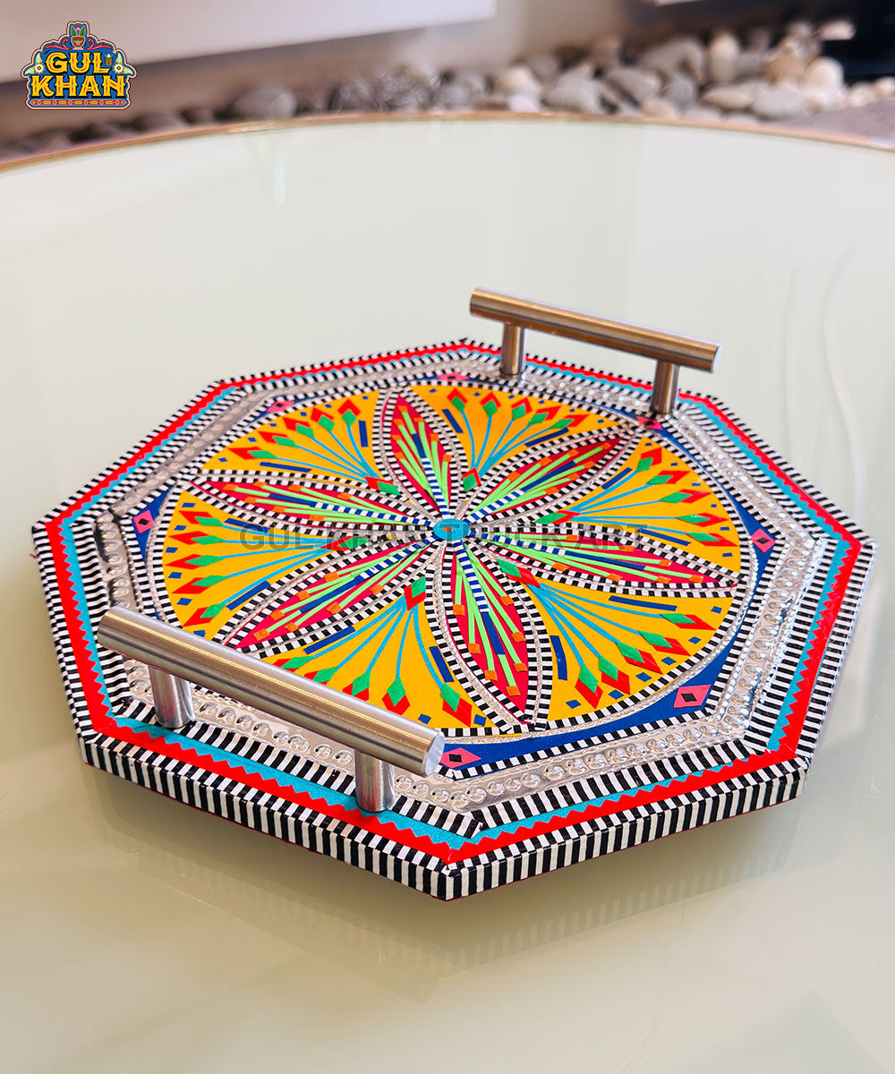 Round Yellow & Blue Truck Art Serving Tray