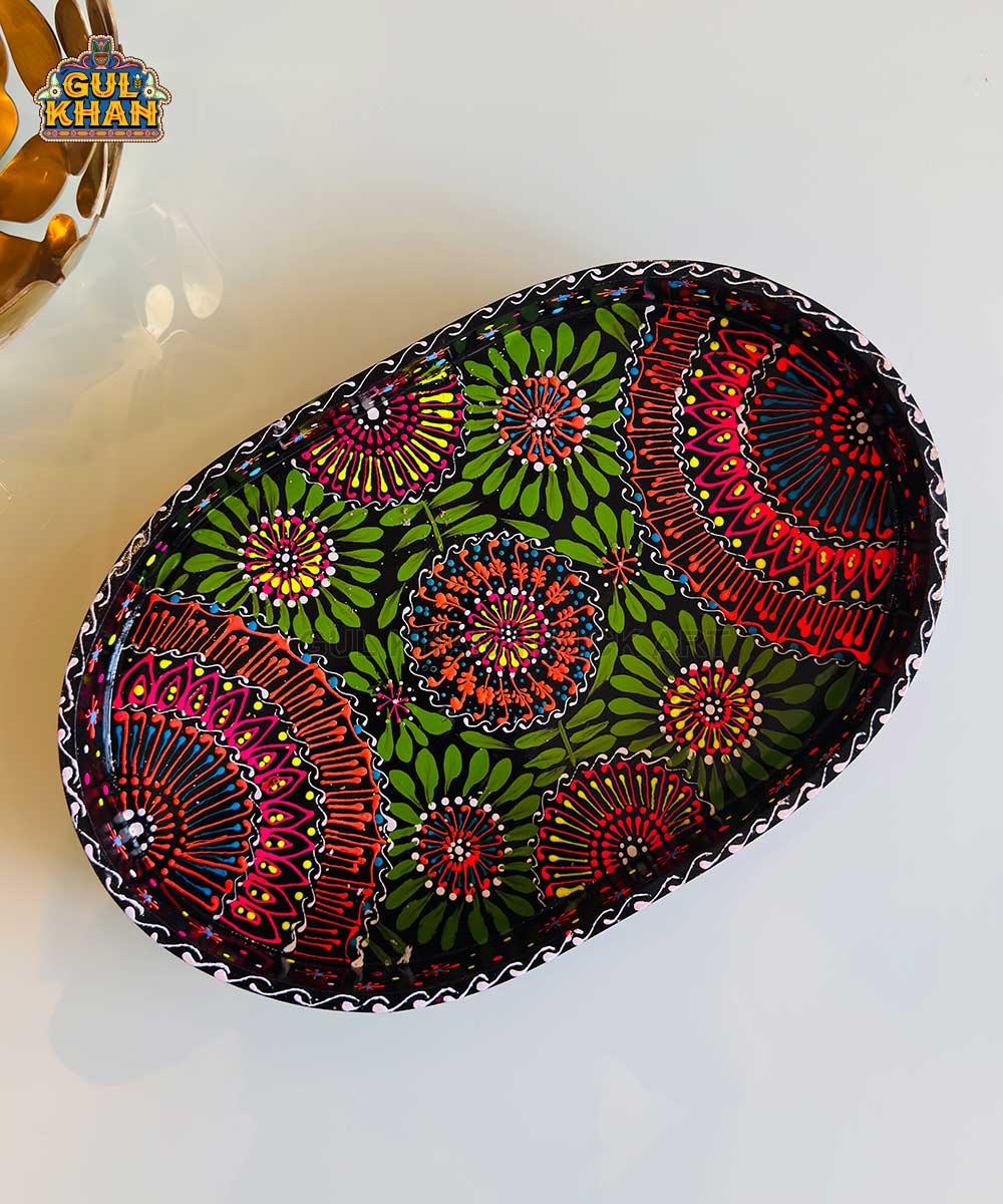 Black & Red Floral Motif Oval Cone Truck Art Tray (Handpainted) - Gul Khan Truck Art