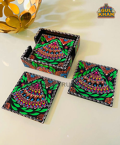 Black & Green Cone Art Coaster Set Of Six (Handpainted)