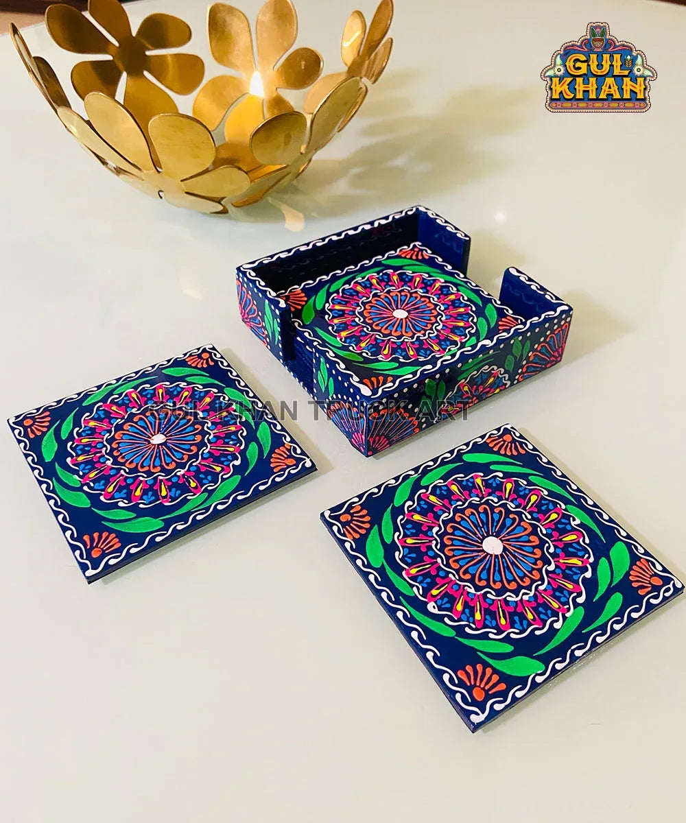 Navy Blue Cone Art Coaster Set Of Six (Handpainted) - Gul Khan Truck Art