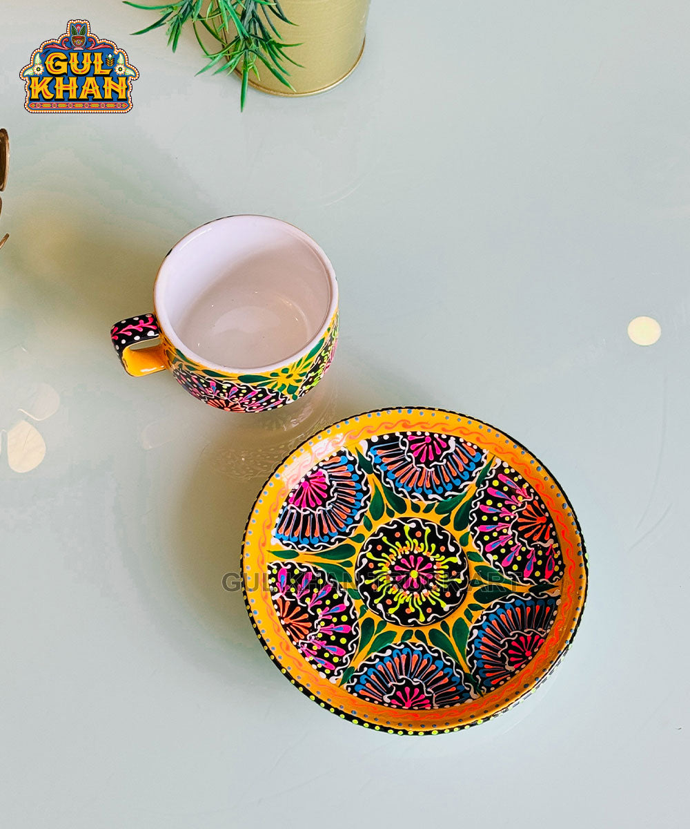 Yellow & Blue Truck Art Handpainted Tea Set