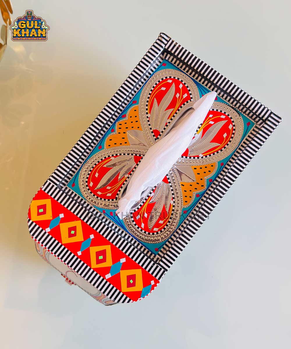 Yellow & Blue Motif Rickshaw Tissue Box Truck Art - Gul Khan Truck Art