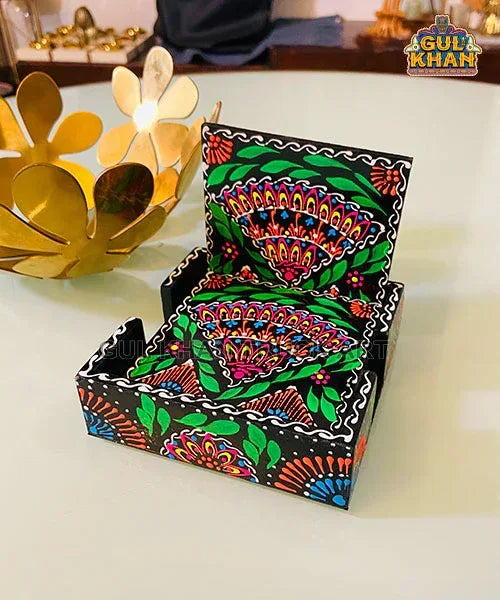 Black & Green Cone Art Coaster Set Of Six (Handpainted) - Gul Khan Truck Art