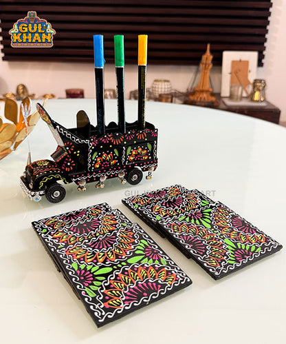 Cone Art Black Coaster & Truck Set Design - Gul Khan Truck Art