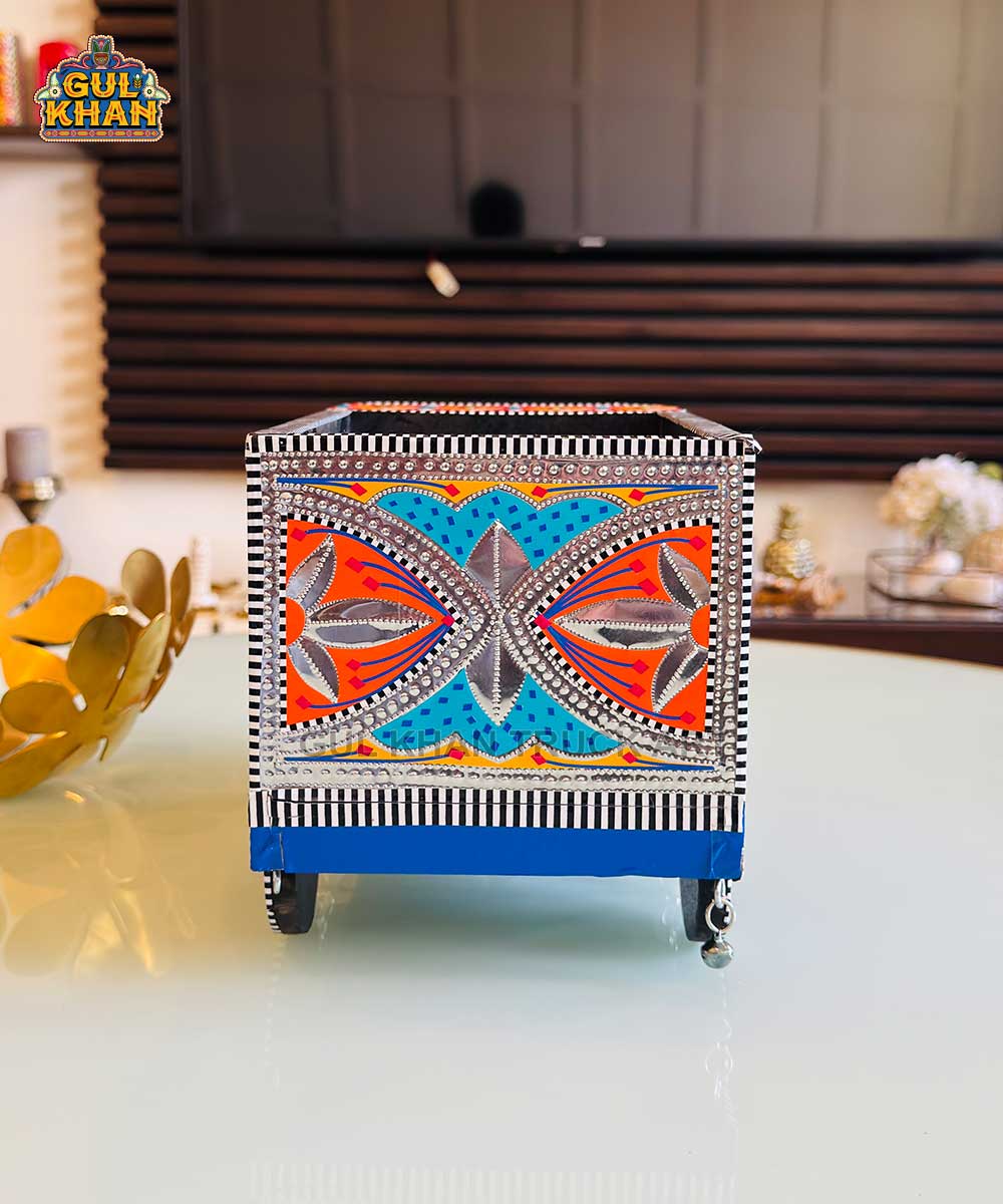 Yellow & Blue Motif Rickshaw Tissue Box Truck Art - Gul Khan Truck Art