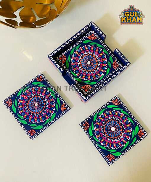 Navy Blue Cone Art Coaster Set Of Six (Handpainted)