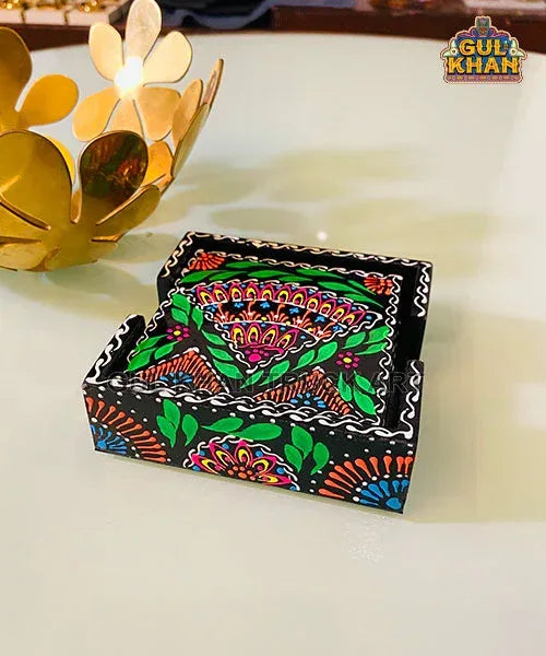 Black & Green Cone Art Coaster Set Of Six (Handpainted) - Gul Khan Truck Art