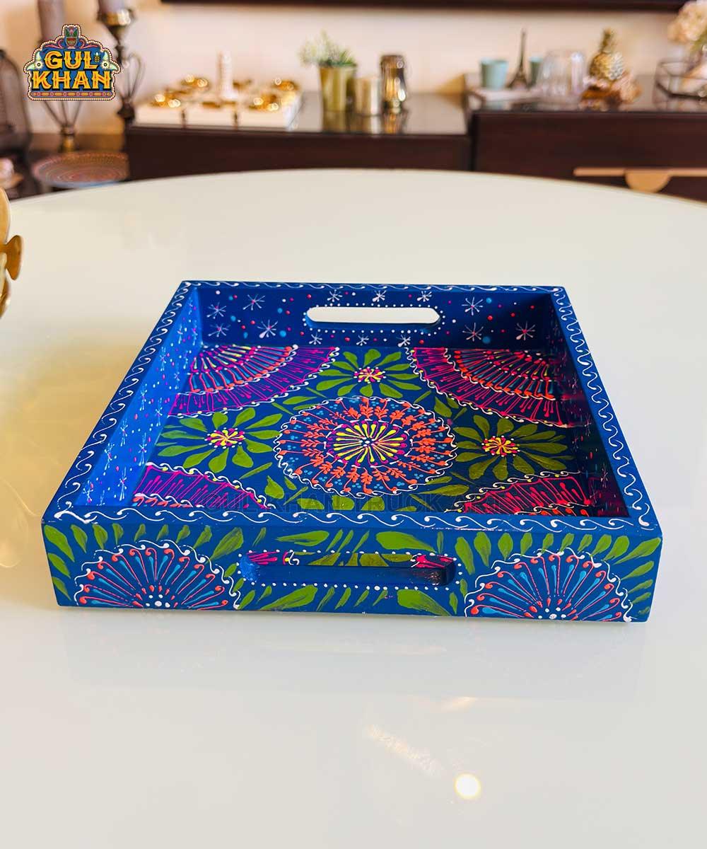Dark Blue & Green Floral Motif Cone Truck Art Tray (Handpainted) - Gul Khan Truck Art