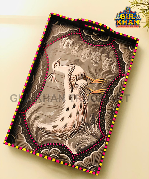 Gray Scale Tray Wooden Hand Painted 0048 - Gul Khan Truck Art