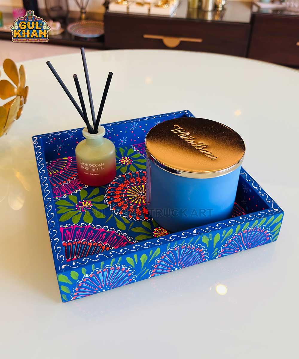 Dark Blue & Green Floral Motif Cone Truck Art Tray (Handpainted) - Gul Khan Truck Art