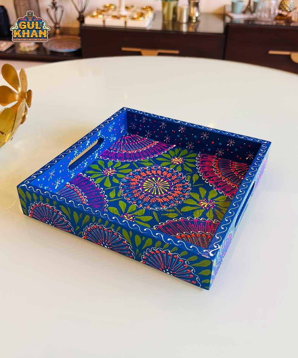 Dark Blue & Green Floral Motif Cone Truck Art Tray (Handpainted) - Gul Khan Truck Art