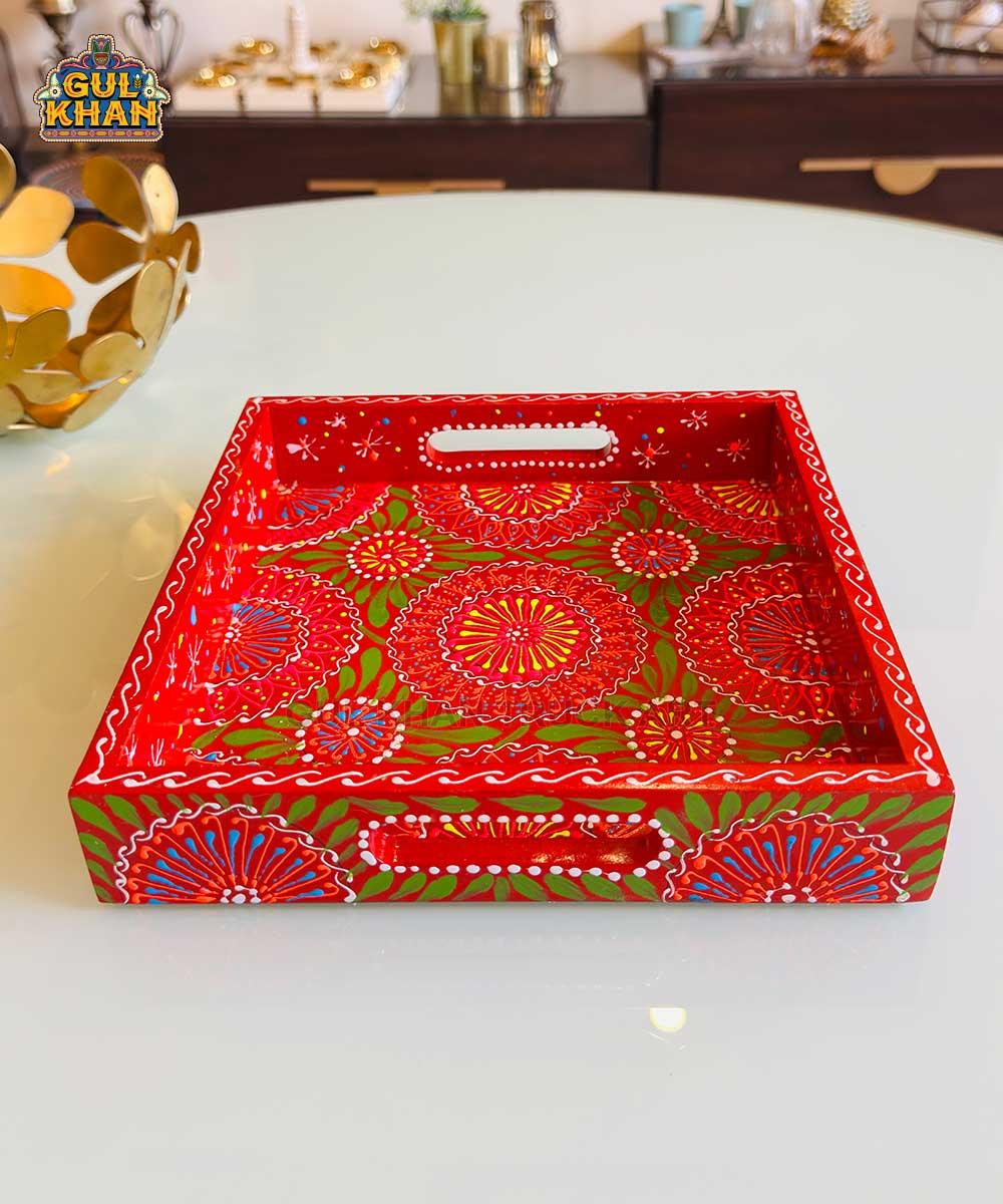 Red & Green Floral Motif Cone Truck Art Tray (Handpainted) - Gul Khan Truck Art