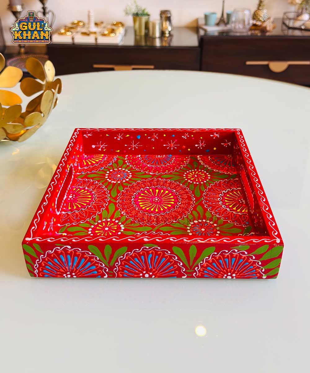 Red & Green Floral Motif Cone Truck Art Tray (Handpainted) - Gul Khan Truck Art