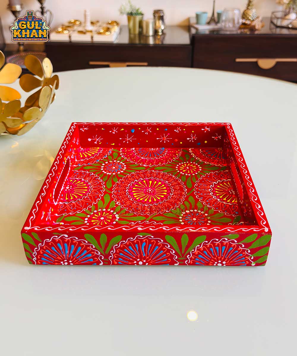 Red & Green Floral Motif Cone Truck Art Tray (Handpainted) - Gul Khan Truck Art