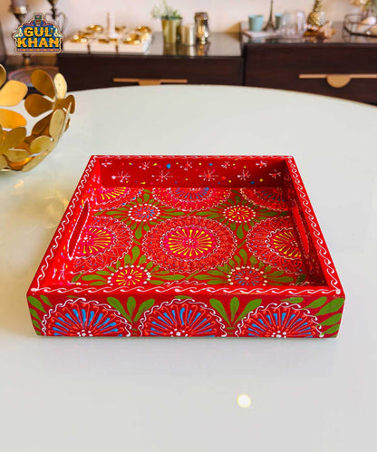 Red & Green Floral Motif Cone Truck Art Tray (Handpainted) - Gul Khan Truck Art