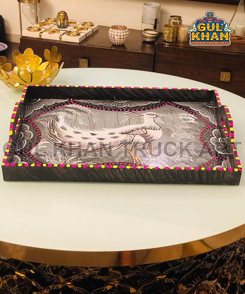 Gray Scale Tray Wooden Hand Painted 0048 - Gul Khan Truck Art