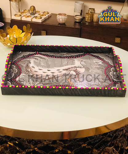 Gray Scale Tray Wooden Hand Painted 0048 - Gul Khan Truck Art