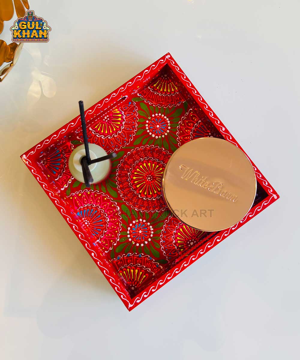 Red & Green Floral Motif Cone Truck Art Tray (Handpainted) - Gul Khan Truck Art