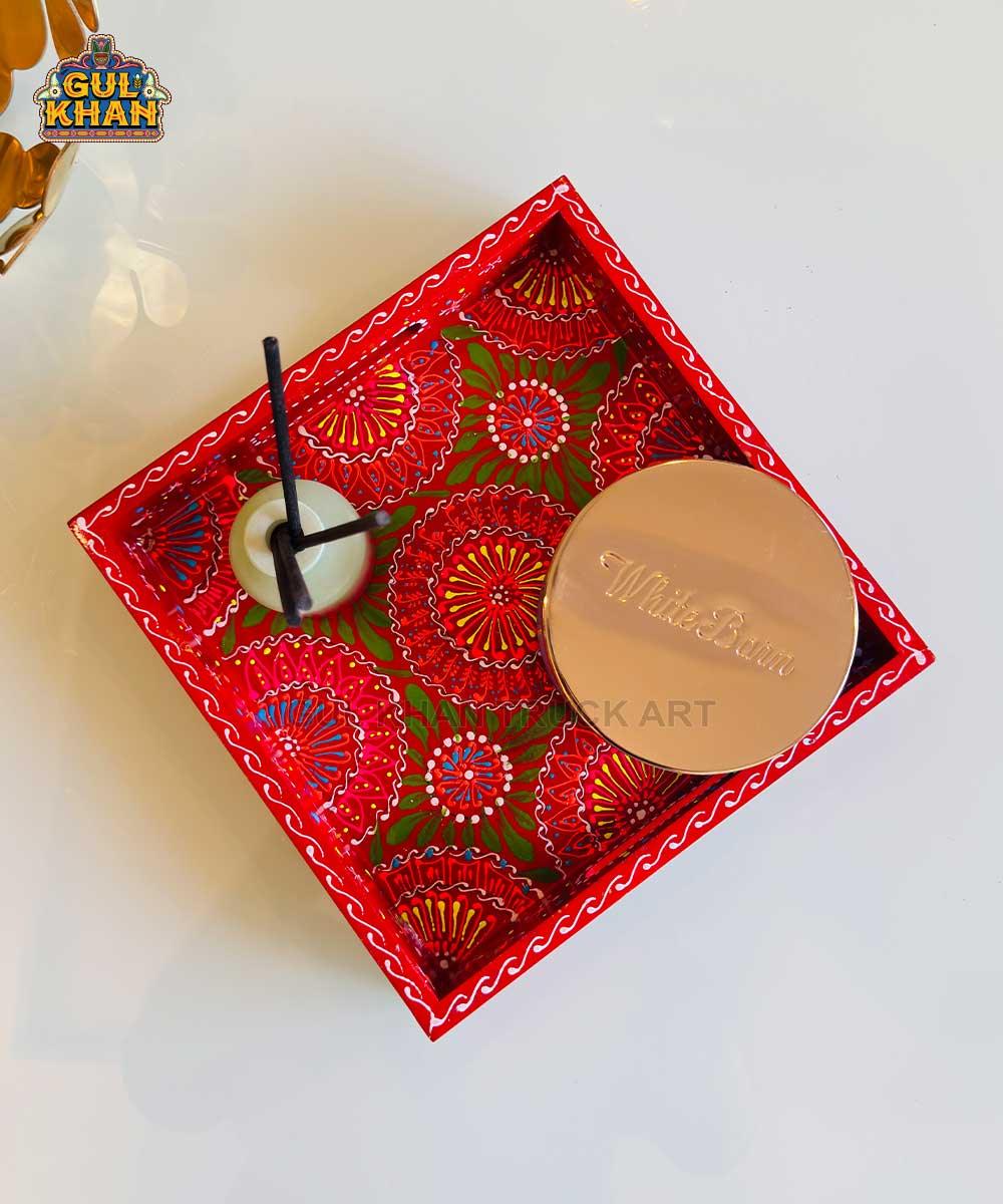 Red & Green Floral Motif Cone Truck Art Tray (Handpainted)