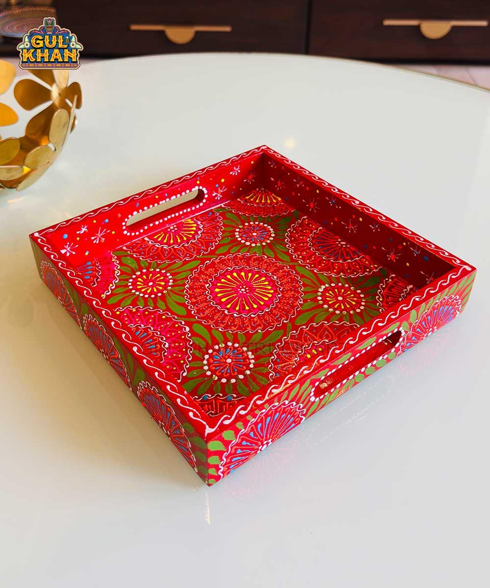 Red & Green Floral Motif Cone Truck Art Tray (Handpainted)