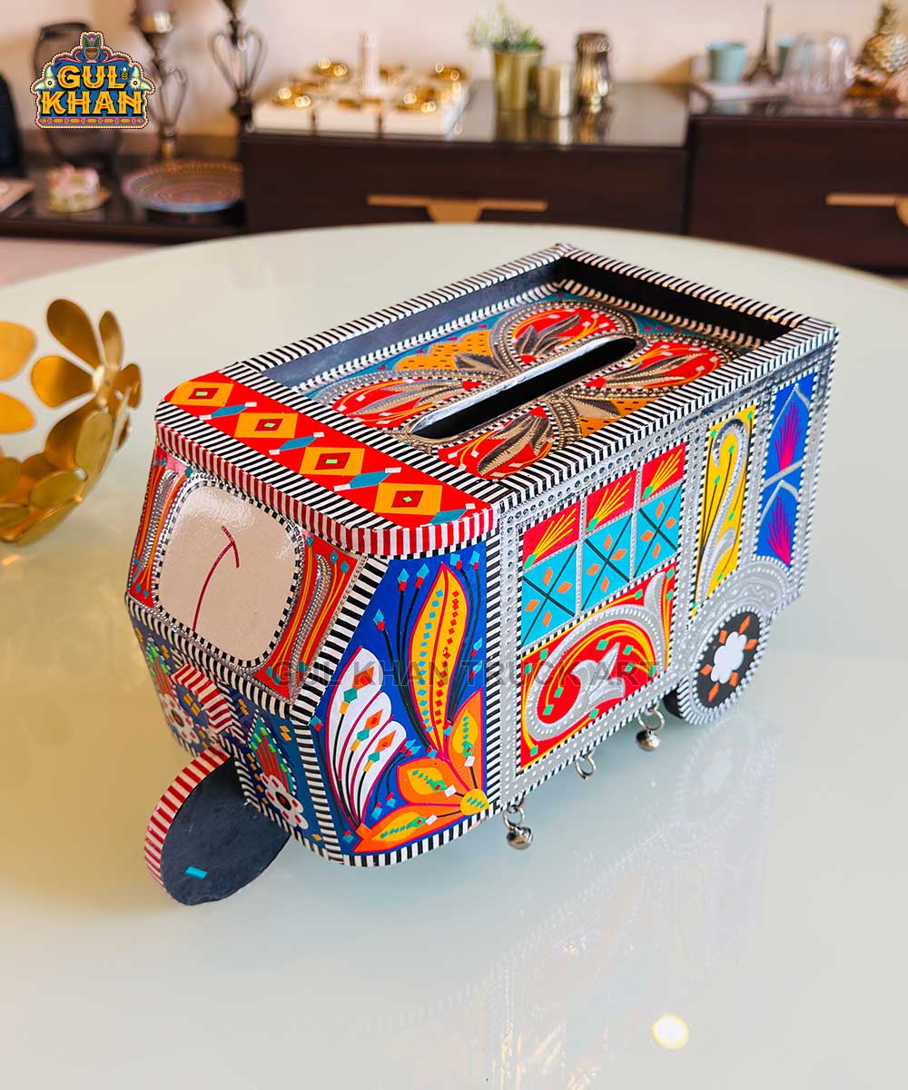 Yellow & Blue Motif Rickshaw Tissue Box Truck Art - Gul Khan Truck Art
