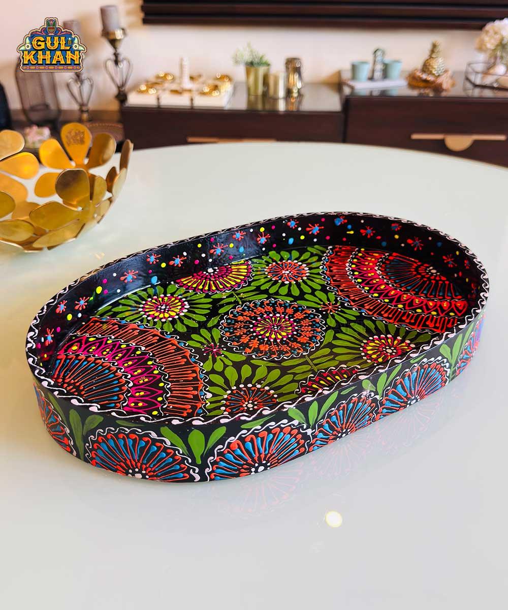 Black & Red Floral Motif Oval Cone Truck Art Tray (Handpainted) - Gul Khan Truck Art