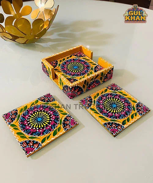 Yellow Cone Art Coaster Set Of Six (Handpainted) - Gul Khan Truck Art