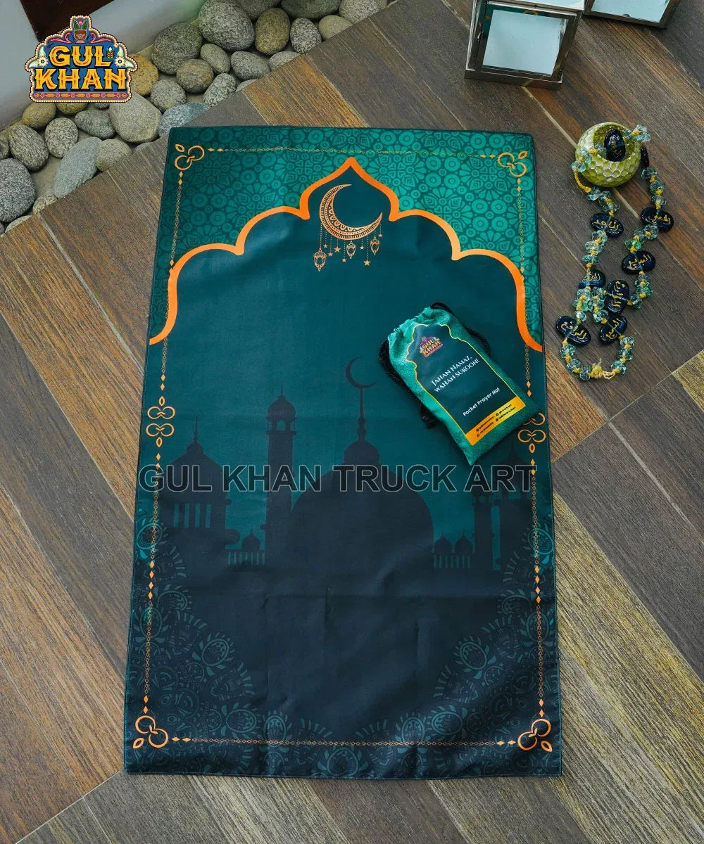 Sea Green Crescent Pocket Janamaz/Prayer Rug - Gul Khan Truck Art