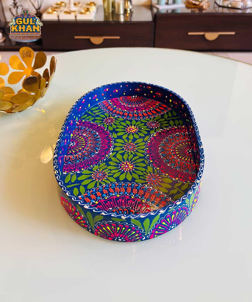 Dark Blue & Red Floral Motif Oval Cone Truck Art Tray (Handpainted) - Gul Khan Truck Art